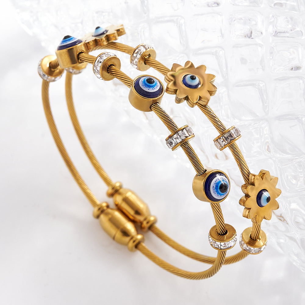 The Solar Shield: 18K Real Gold Plated Sun & Evil Eye Minimalist Bangle