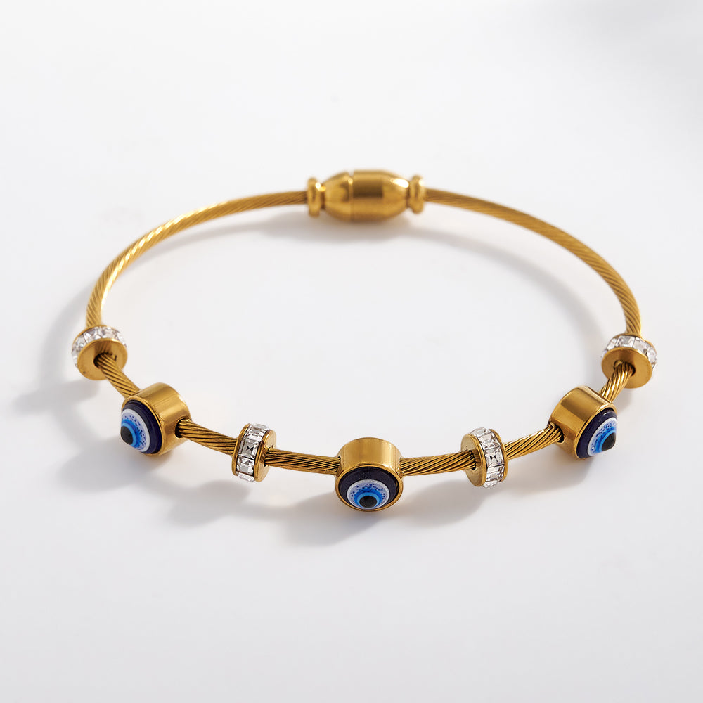 The Solar Shield: 18K Real Gold Plated Sun & Evil Eye Minimalist Bangle